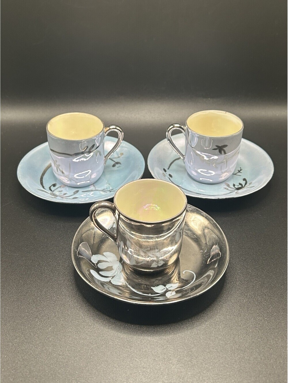 Vintage Set Of 3 Silver & Blue Lusterware Demi Tea Cups &Saucers Japan 1950’s